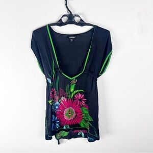 BEBE 100% Silk Black Floral Swimsuit Cover Up Size Medium Beach Coastal Boho